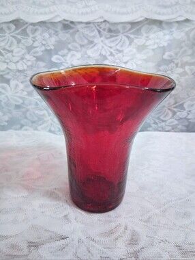 Vintage Ruby Red Crackle Glass Vase MCM